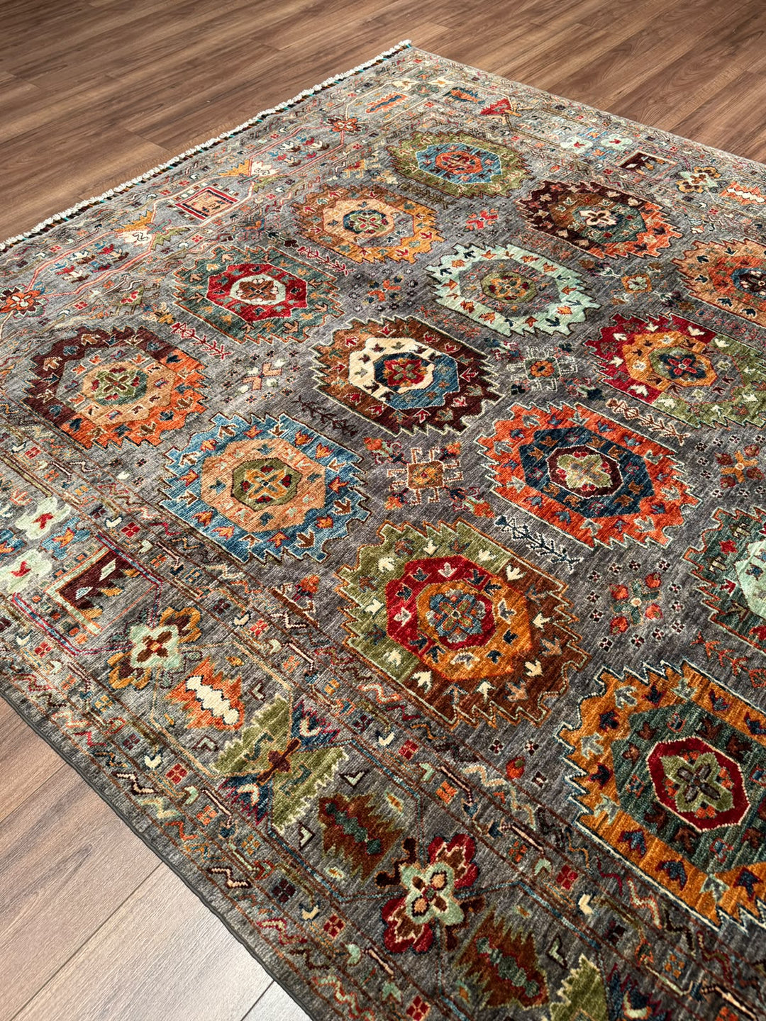 Veziri Orijinal El Dokuması Gri Kök Boya Yün Halı 203x307 6.23 Metrekare - 7x10 ft
