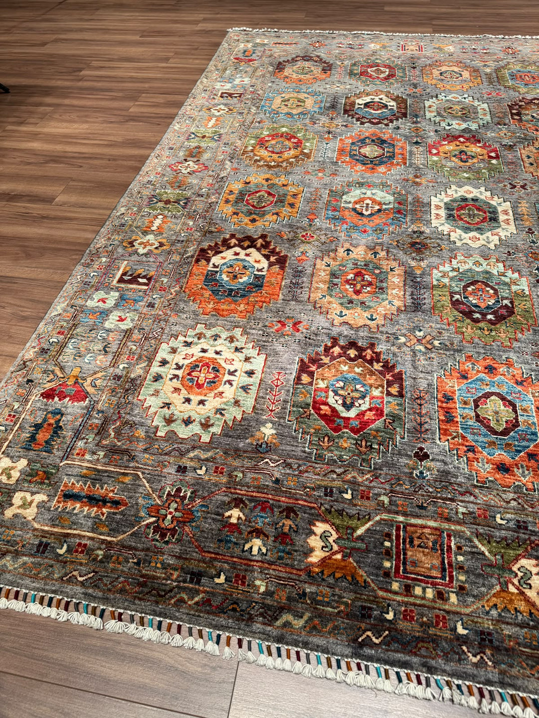 Veziri Orijinal El Dokuması Gri Kök Boya Yün Halı 203x307 6.23 Metrekare - 7x10 ft