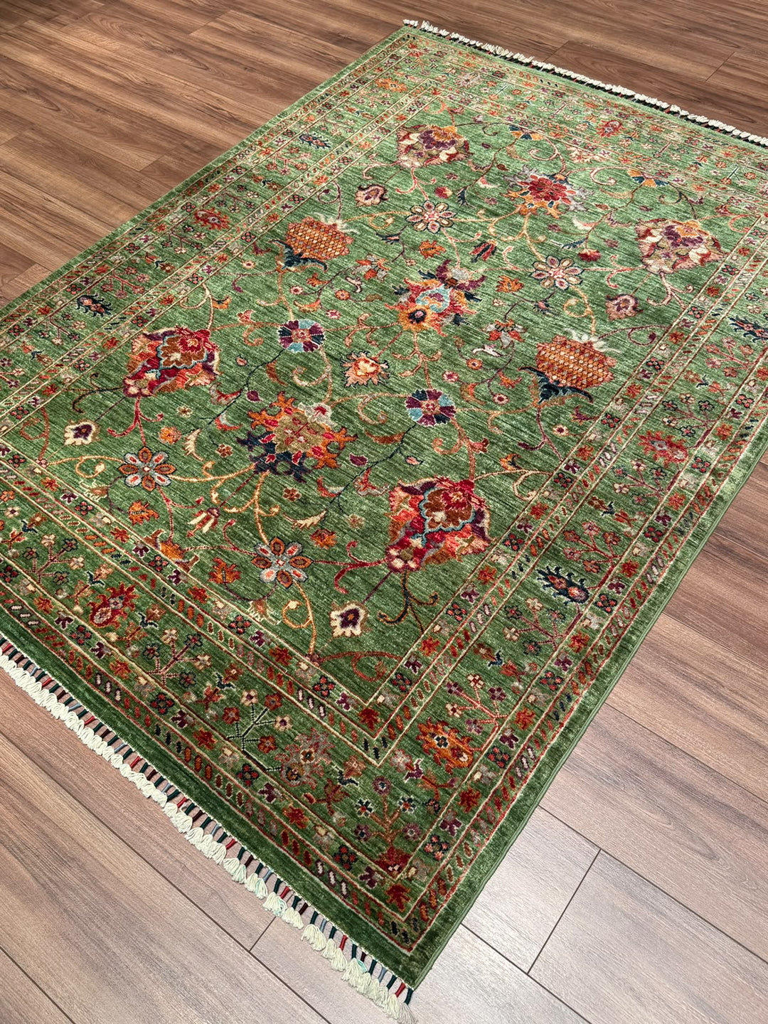 Sultani Binbirgece Orijinal El Dokuması Yeşil Kök Boya Yün Halı 148x200 2.96 Metrekare - 5x6 ft