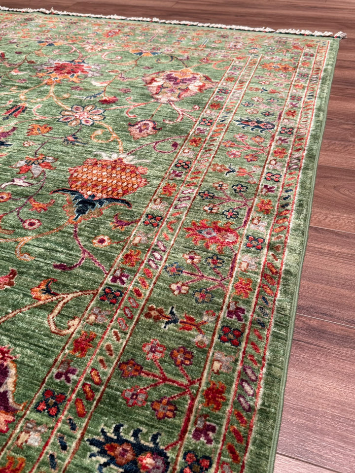 Sultani Binbirgece Orijinal El Dokuması Yeşil Kök Boya Yün Halı 148x200 2.96 Metrekare - 5x6 ft
