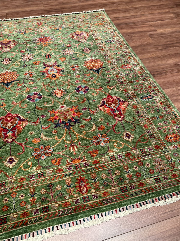 Sultani Binbirgece Orijinal El Dokuması Yeşil Kök Boya Yün Halı 148x200 2.96 Metrekare - 5x6 ft