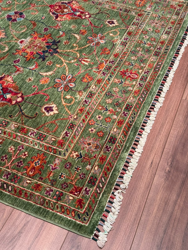 Sultani Binbirgece Orijinal El Dokuması Yeşil Kök Boya Yün Halı 148x200 2.96 Metrekare - 5x6 ft