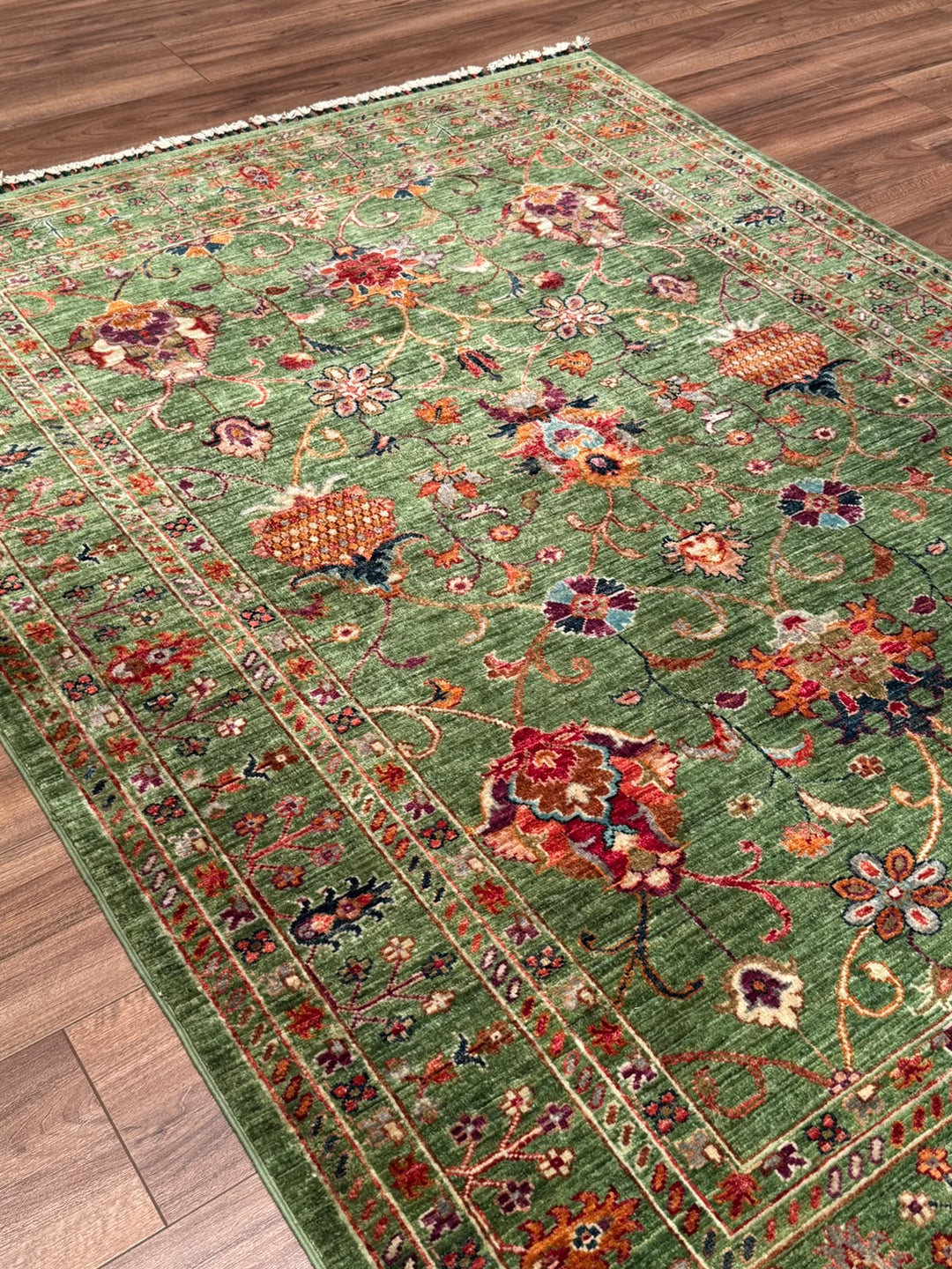 Sultani Binbirgece Orijinal El Dokuması Yeşil Kök Boya Yün Halı 148x200 2.96 Metrekare - 5x6 ft