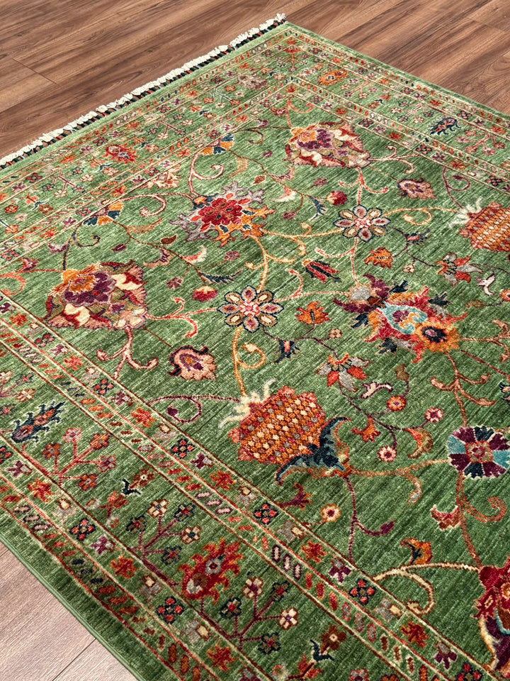 Sultani Binbirgece Orijinal El Dokuması Yeşil Kök Boya Yün Halı 148x200 2.96 Metrekare - 5x6 ft