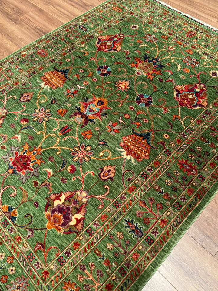 Sultani Binbirgece Orijinal El Dokuması Yeşil Kök Boya Yün Halı 148x200 2.96 Metrekare - 5x6 ft