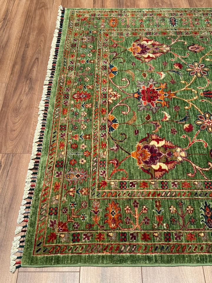 Sultani Binbirgece Orijinal El Dokuması Yeşil Kök Boya Yün Halı 148x200 2.96 Metrekare - 5x6 ft