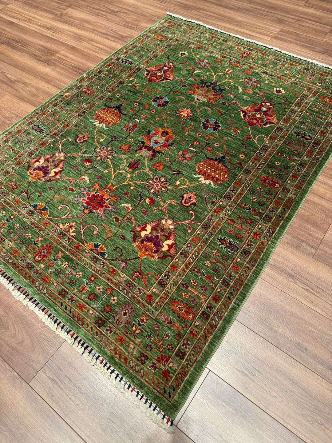 Sultani Binbirgece Orijinal El Dokuması Yeşil Kök Boya Yün Halı 148x200 2.96 Metrekare - 5x6 ft