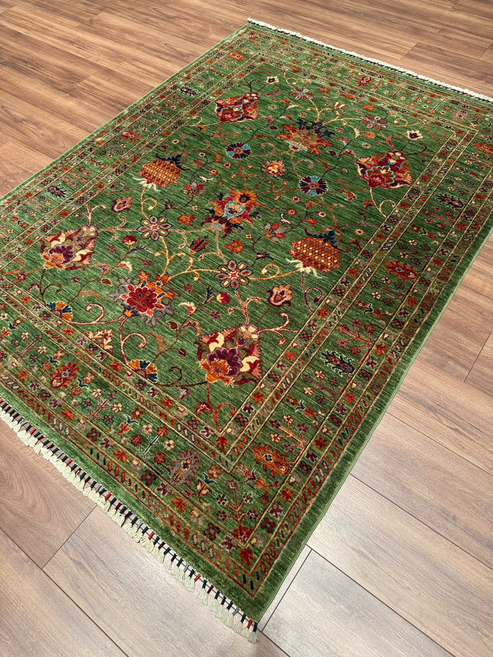 Sultani Binbirgece Orijinal El Dokuması Yeşil Kök Boya Yün Halı 148x200 2.96 Metrekare - 5x6 ft