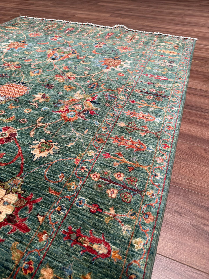Sultani Binbirgece Orijinal El Dokuması Yeşil Kök Boya Yün Halı 150x208 3.12 Metrekare - 5x6 ft