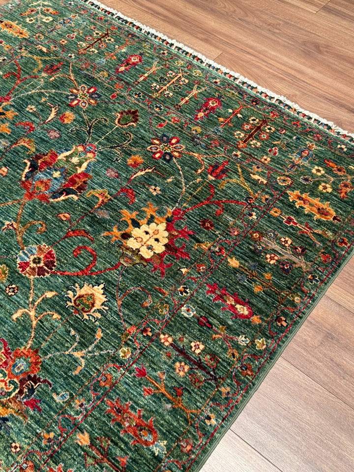 Sultani Binbirgece Orijinal El Dokuması Yeşil Kök Boya Yün Halı 150x208 3.12 Metrekare - 5x6 ft