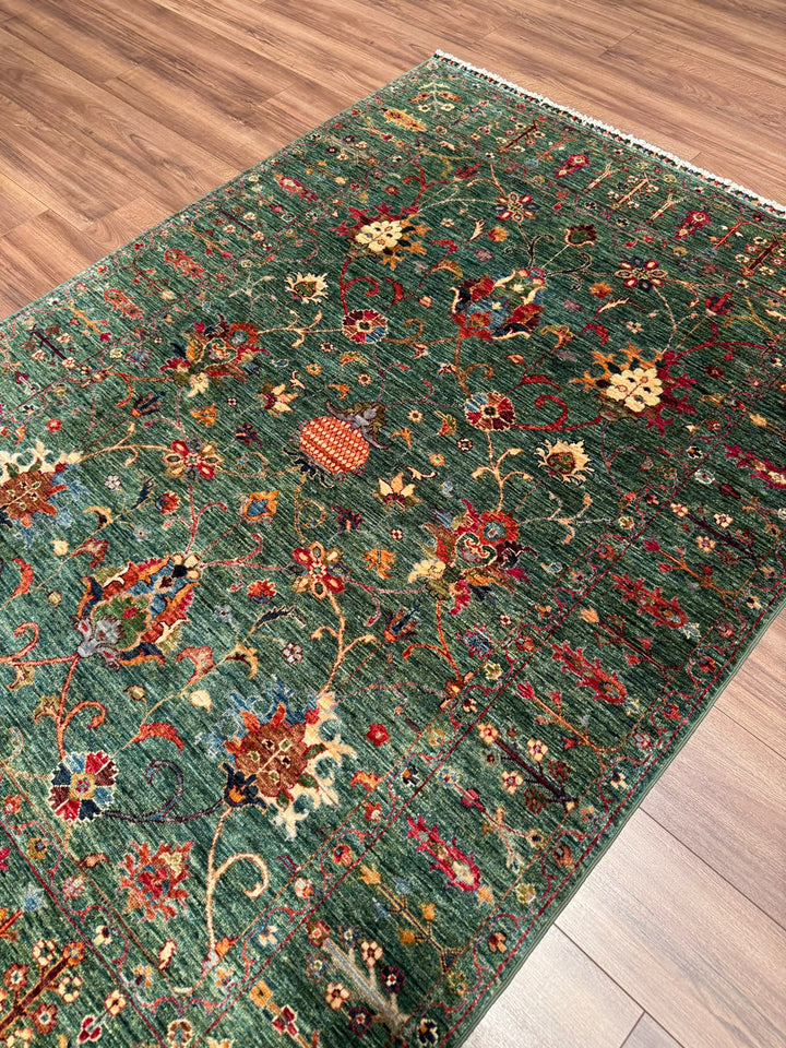 Sultani Binbirgece Orijinal El Dokuması Yeşil Kök Boya Yün Halı 150x208 3.12 Metrekare - 5x6 ft