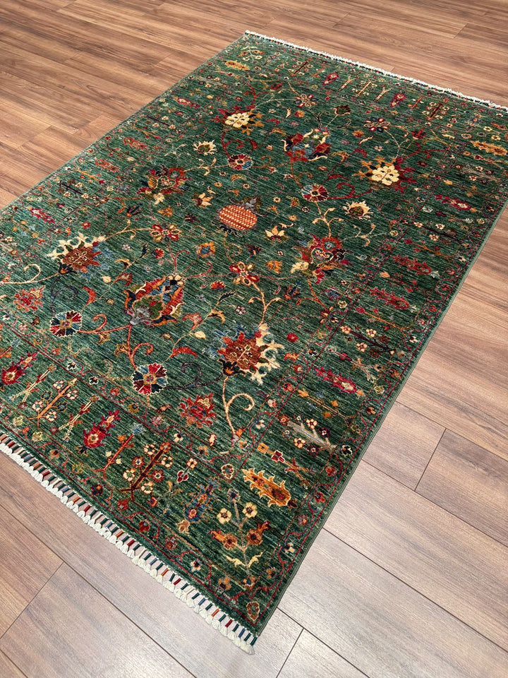 Sultani Binbirgece Orijinal El Dokuması Yeşil Kök Boya Yün Halı 150x208 3.12 Metrekare - 5x6 ft