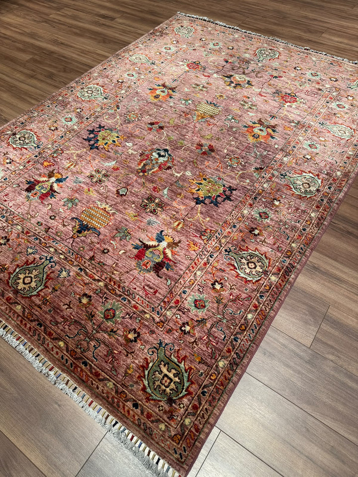 Sultani Binbirgece Orijinal El Dokuması Pembe Kök Boya Yün Halı 175x242 4.24 Metrekare - 6x8 ft