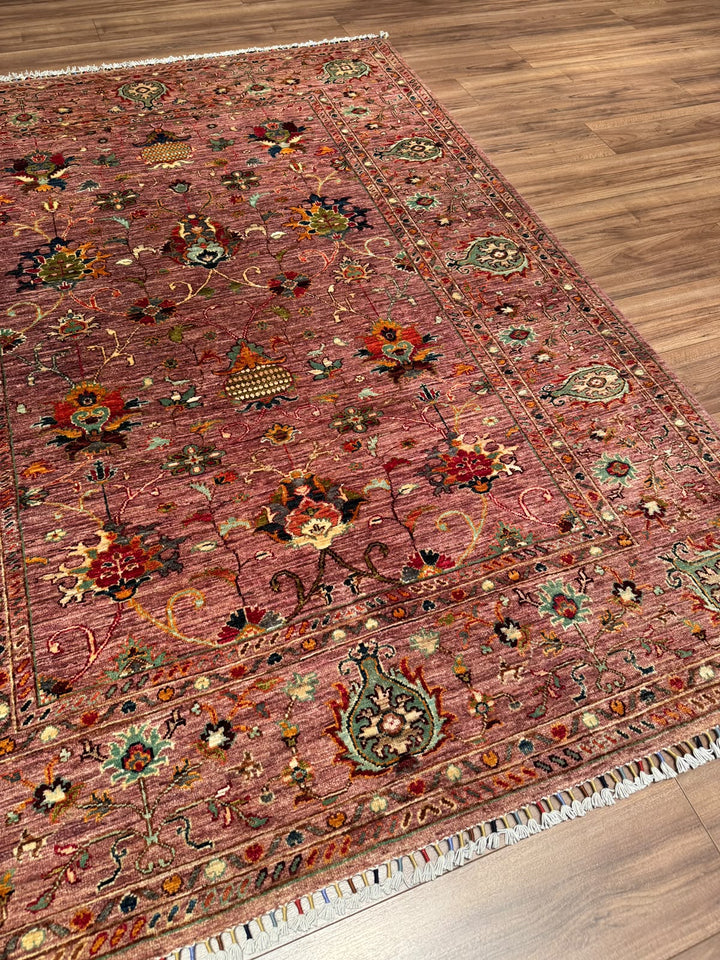 Sultani Binbirgece Orijinal El Dokuması Pembe Kök Boya Yün Halı 175x242 4.24 Metrekare - 6x8 ft