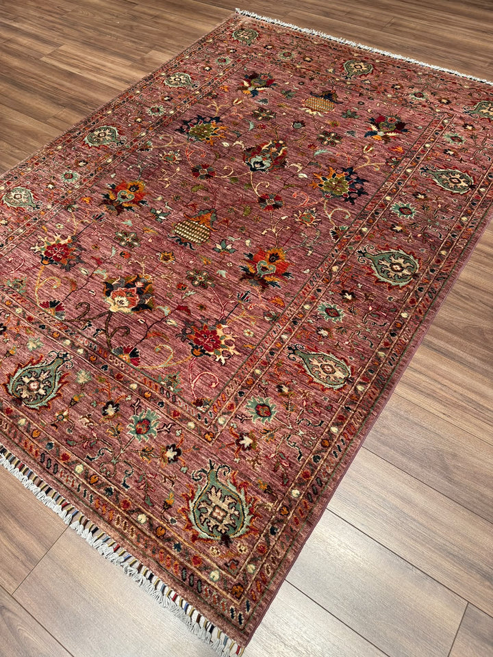 Sultani Binbirgece Orijinal El Dokuması Pembe Kök Boya Yün Halı 175x242 4.24 Metrekare - 6x8 ft