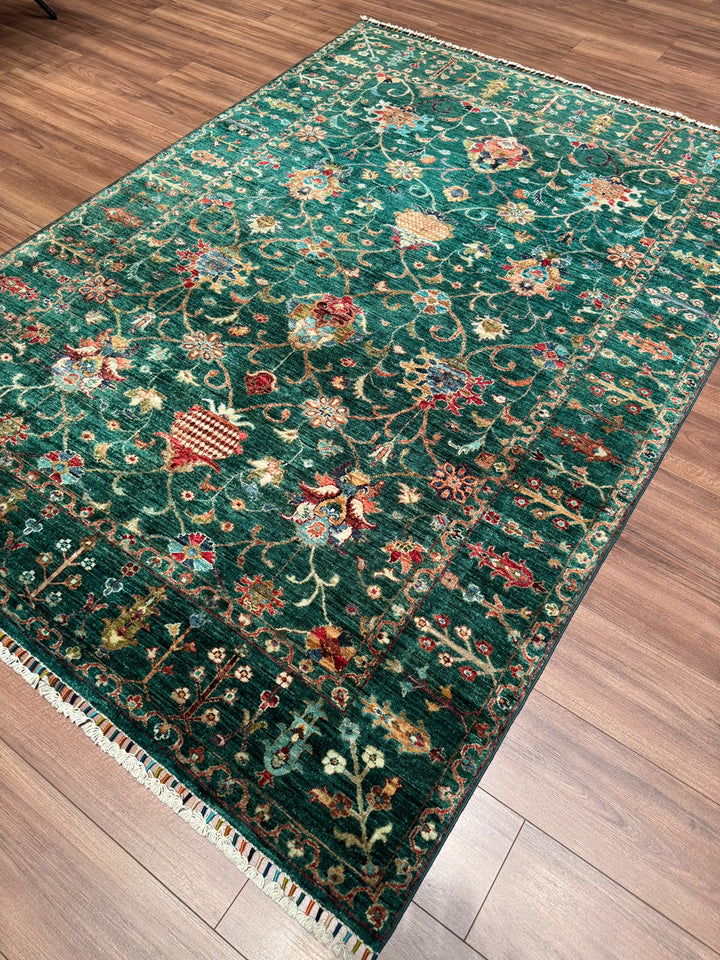 Sultani Binbirgece Orijinal El Dokuması Yeşil Kök Boya Yün Halı 171x240 4.10 Metrekare - 5x8