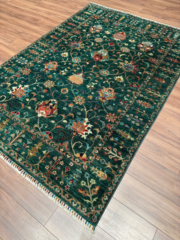 Sultani Binbirgece Orijinal El Dokuması Yeşil Kök Boya Yün Halı 171x240 4.10 Metrekare - 5x8