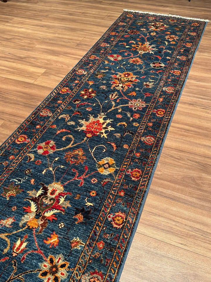 Sultani Binbirgece Uzun Yolluk Orijinal El Dokuması Lacivert Kök Boya Yün Halı 0.77x415 3.20 Metrekare - 3x13 ft