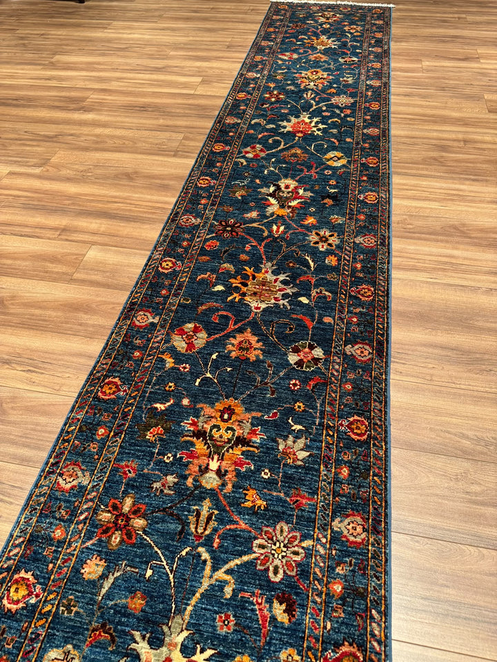 Sultani Binbirgece Uzun Yolluk Orijinal El Dokuması Lacivert Kök Boya Yün Halı 0.77x415 3.20 Metrekare - 3x13 ft