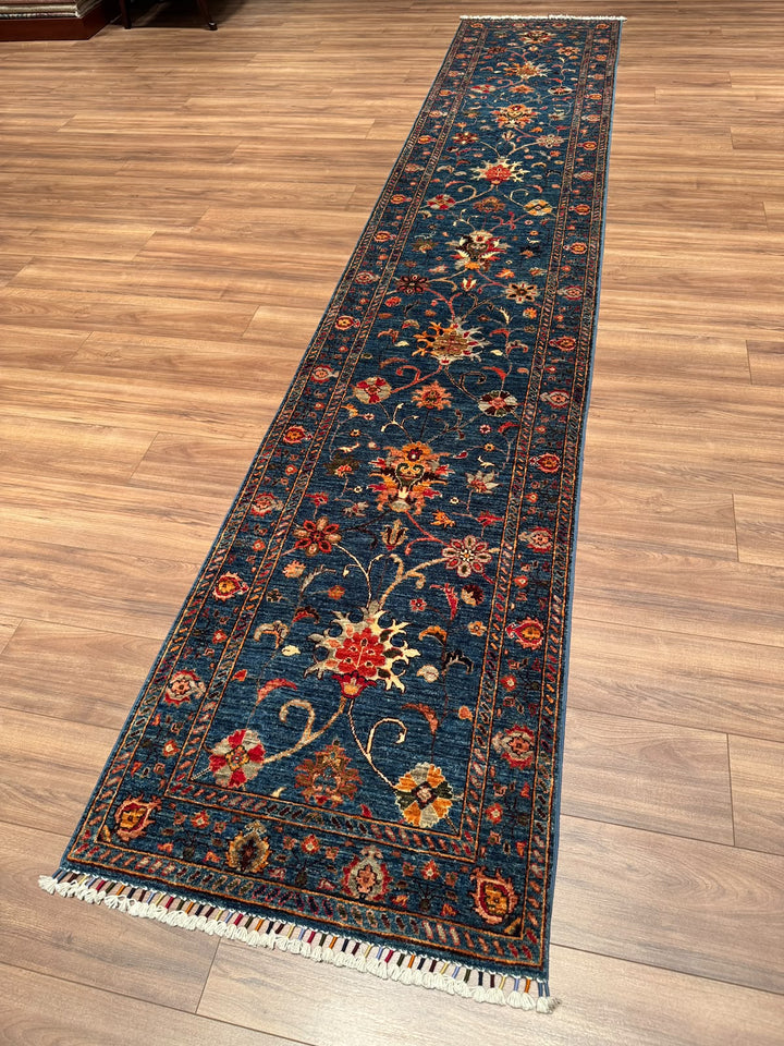 Sultani Binbirgece Uzun Yolluk Orijinal El Dokuması Lacivert Kök Boya Yün Halı 0.77x415 3.20 Metrekare - 3x13 ft