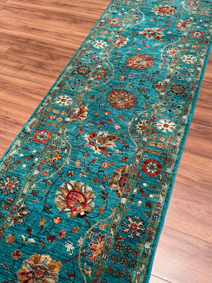 Sultani Çiçekli Yolluk Orijinal El Dokuması Turkuaz Kök Boya Yün Halı 0.82x304 2.49 Metrekare - 3x10 ft