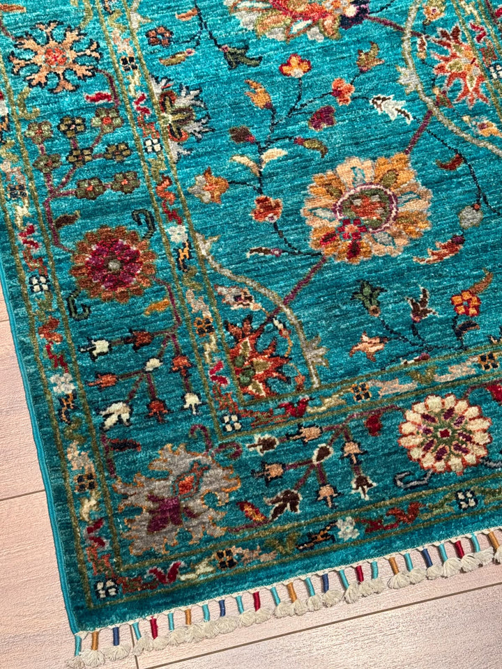 Sultani Çiçekli Yolluk Orijinal El Dokuması Turkuaz Kök Boya Yün Halı 0.82x304 2.49 Metrekare - 3x10 ft