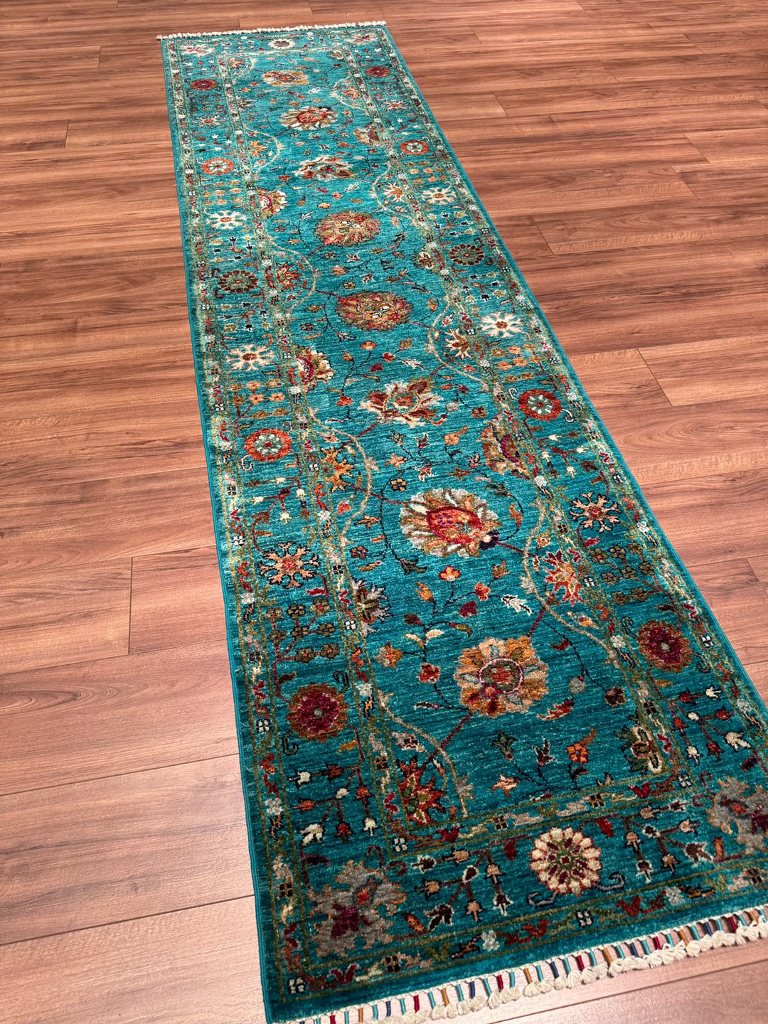 Sultani Çiçekli Yolluk Orijinal El Dokuması Turkuaz Kök Boya Yün Halı 0.82x304 2.49 Metrekare - 3x10 ft