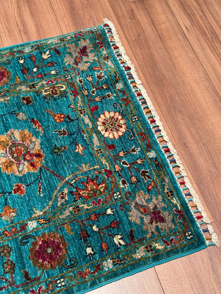Sultani Çiçekli Yolluk Orijinal El Dokuması Turkuaz Kök Boya Yün Halı 0.82x304 2.49 Metrekare - 3x10 ft