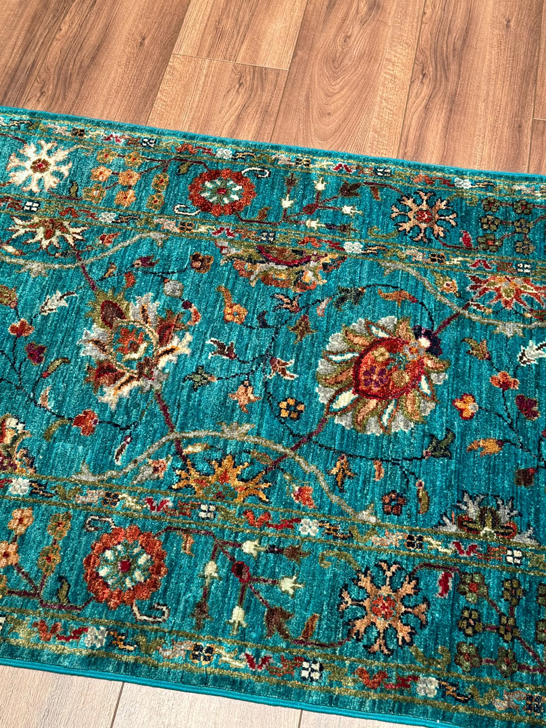 Sultani Çiçekli Yolluk Orijinal El Dokuması Turkuaz Kök Boya Yün Halı 0.82x304 2.49 Metrekare - 3x10 ft