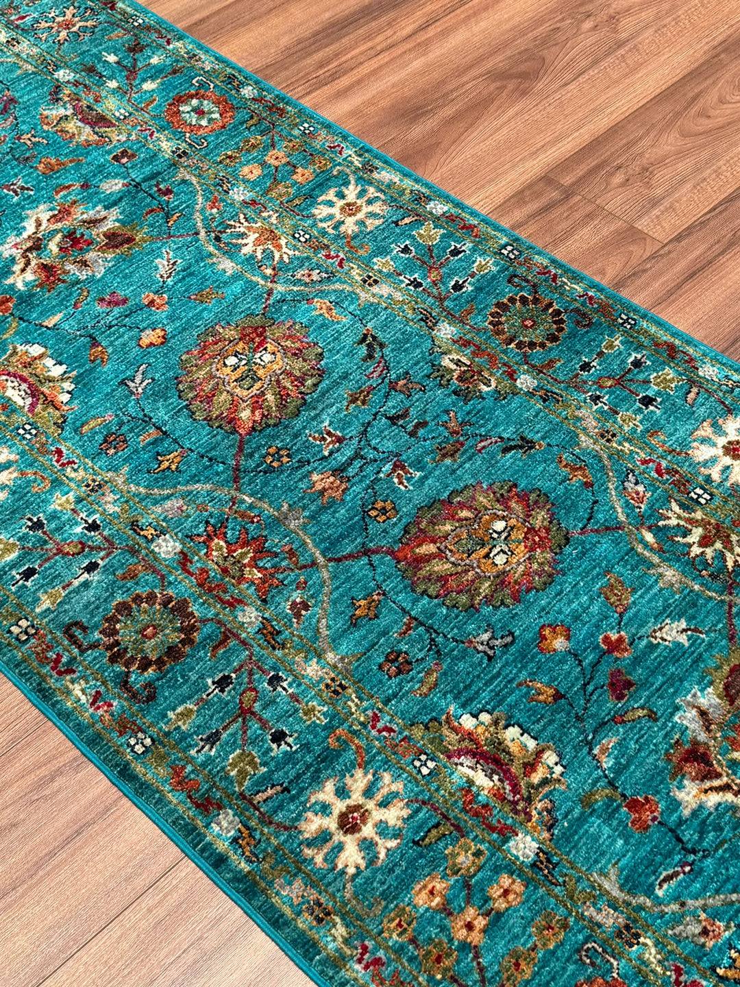 Sultani Çiçekli Yolluk Orijinal El Dokuması Turkuaz Kök Boya Yün Halı 0.82x304 2.49 Metrekare - 3x10 ft