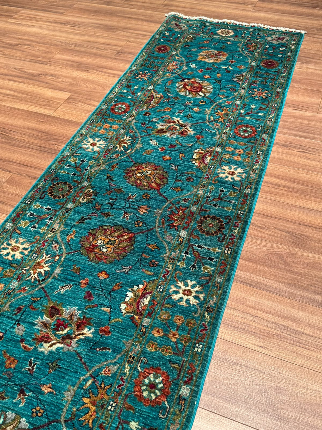Sultani Çiçekli Yolluk Orijinal El Dokuması Turkuaz Kök Boya Yün Halı 0.82x304 2.49 Metrekare - 3x10 ft