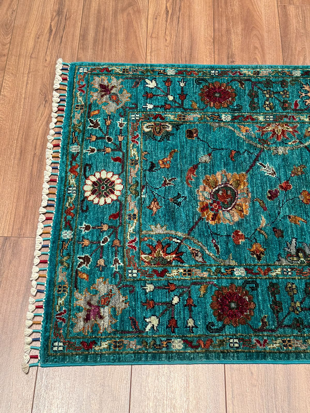 Sultani Çiçekli Yolluk Orijinal El Dokuması Turkuaz Kök Boya Yün Halı 0.82x304 2.49 Metrekare - 3x10 ft