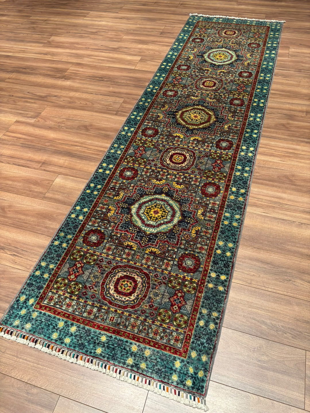 Memlük Orijinal El Dokuması Yolluk Turkuaz Kök Boya Yün Halı 0.83x298 2.47 Metrekare - 3x10 ft