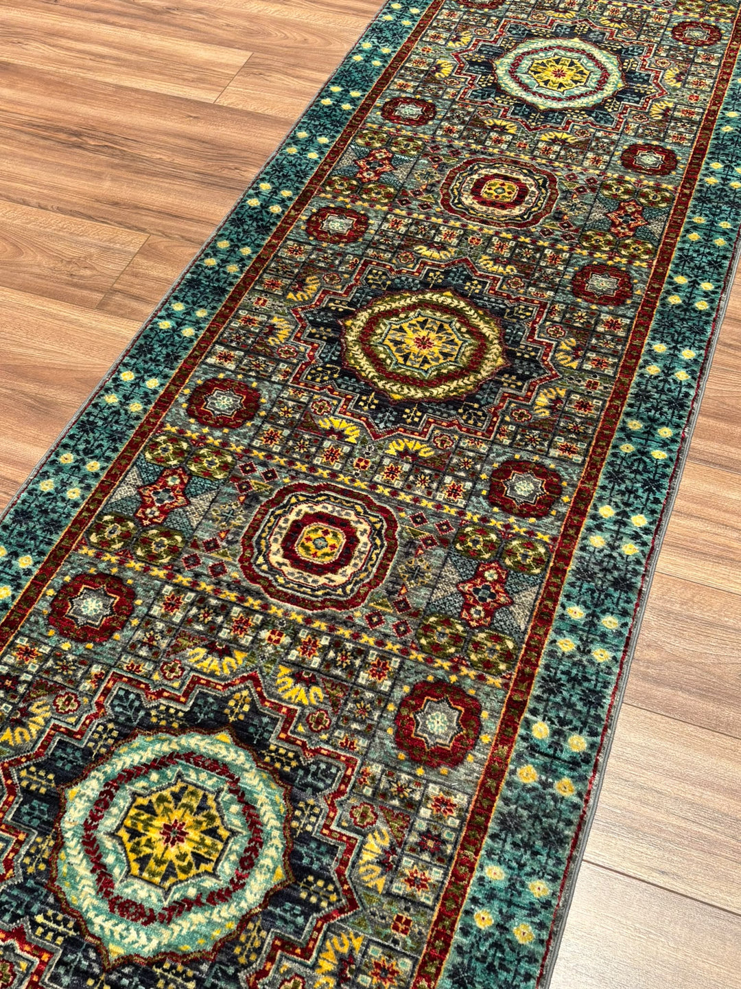 Memlük Orijinal El Dokuması Yolluk Turkuaz Kök Boya Yün Halı 0.83x298 2.47 Metrekare - 3x10 ft