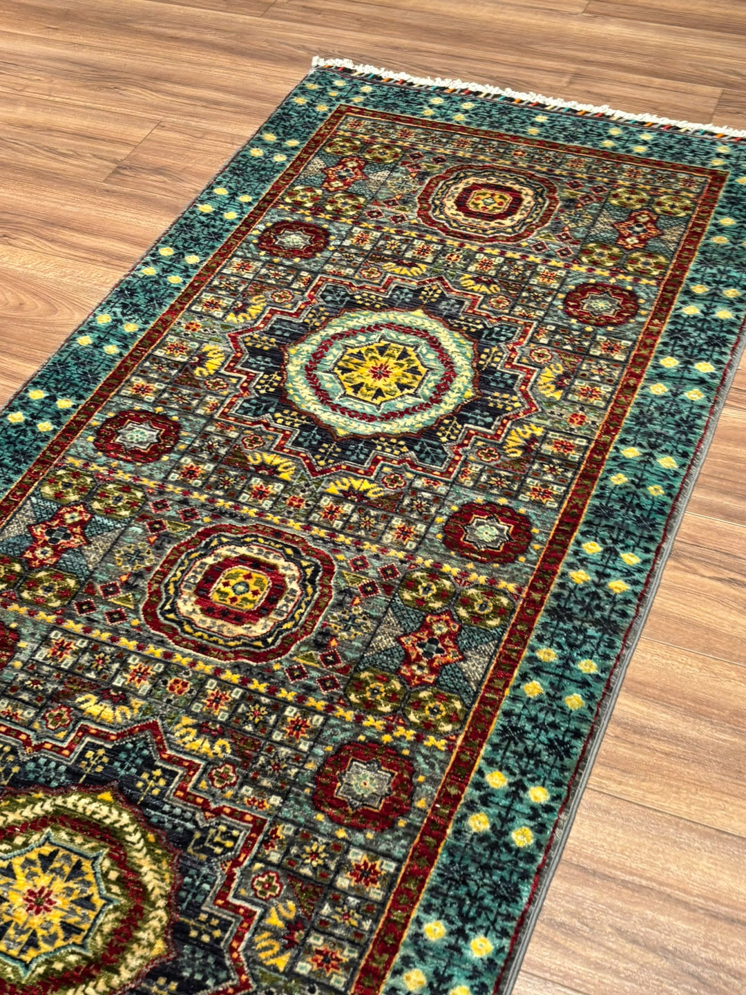Memlük Orijinal El Dokuması Yolluk Turkuaz Kök Boya Yün Halı 0.83x298 2.47 Metrekare - 3x10 ft