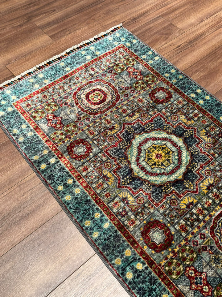 Memlük Orijinal El Dokuması Yolluk Turkuaz Kök Boya Yün Halı 0.83x298 2.47 Metrekare - 3x10 ft