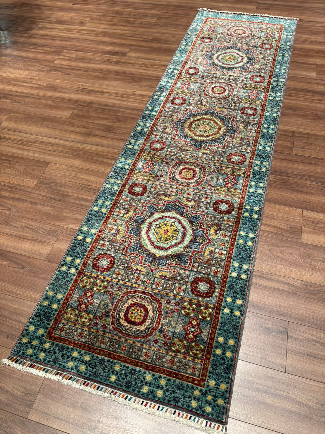 Memlük Orijinal El Dokuması Yolluk Turkuaz Kök Boya Yün Halı 0.83x298 2.47 Metrekare - 3x10 ft
