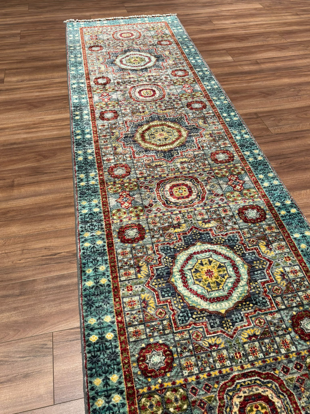 Memlük Orijinal El Dokuması Yolluk Turkuaz Kök Boya Yün Halı 0.83x298 2.47 Metrekare - 3x10 ft