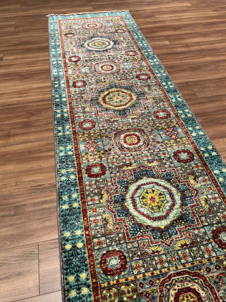 Memlük Orijinal El Dokuması Yolluk Turkuaz Kök Boya Yün Halı 0.83x298 2.47 Metrekare - 3x10 ft