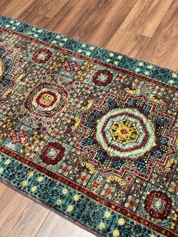 Memlük Orijinal El Dokuması Yolluk Turkuaz Kök Boya Yün Halı 0.83x298 2.47 Metrekare - 3x10 ft