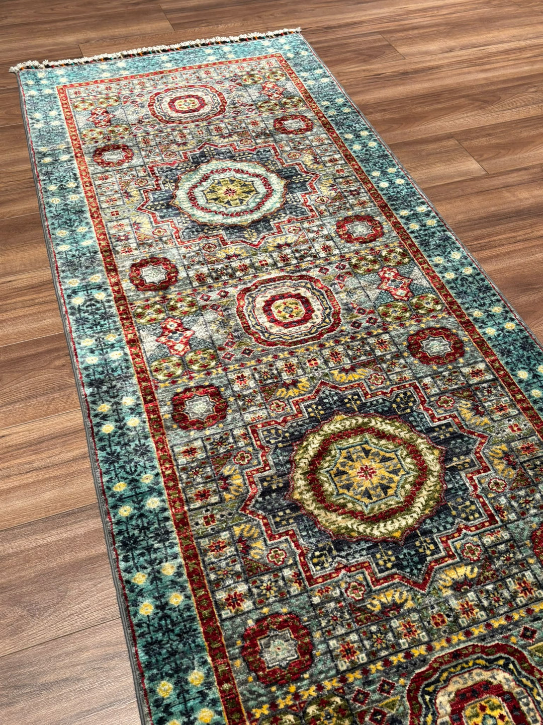 Memlük Orijinal El Dokuması Yolluk Turkuaz Kök Boya Yün Halı 0.83x298 2.47 Metrekare - 3x10 ft