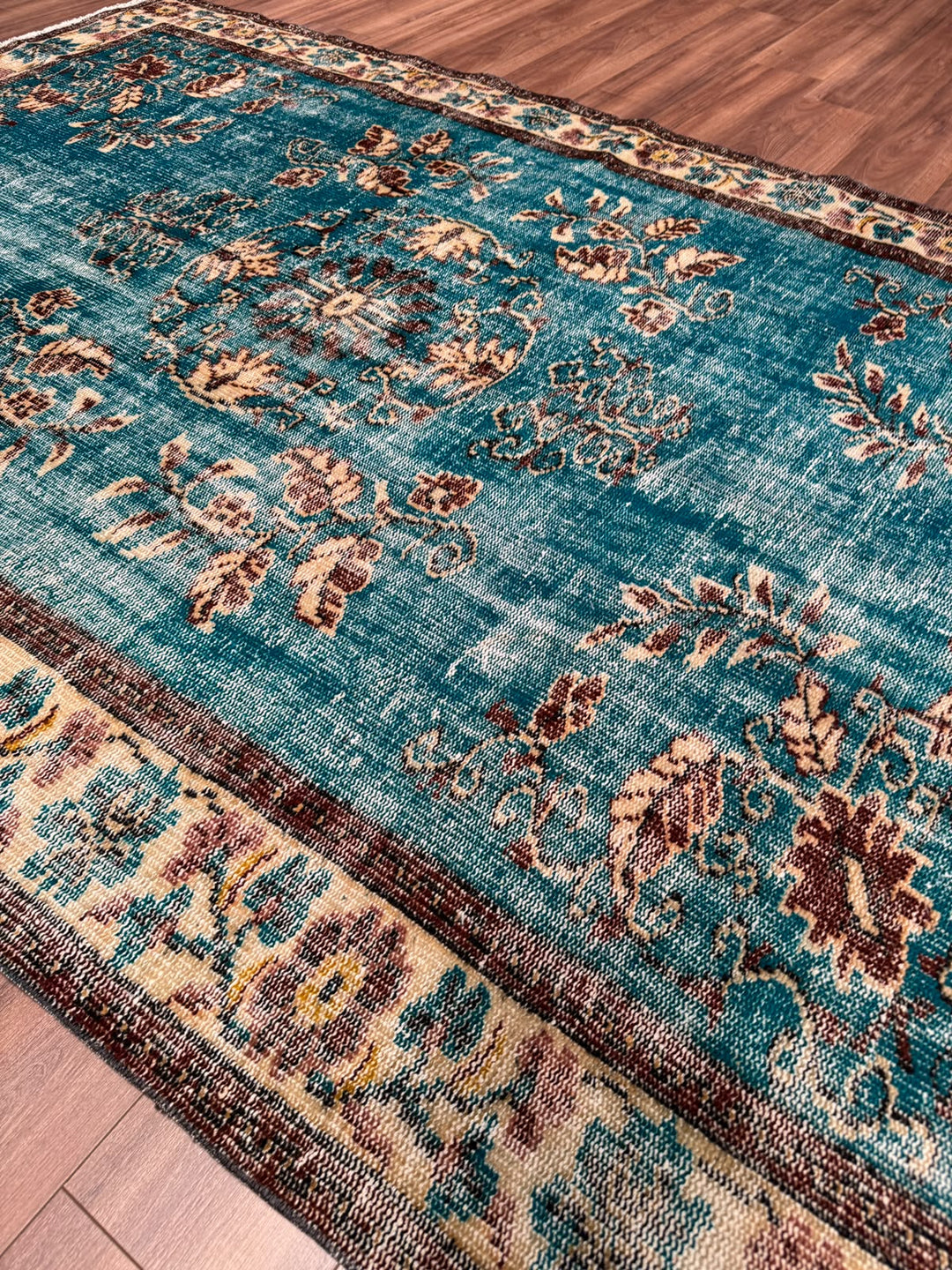 Orijinal Vintage Turkuaz Kök Boya Yün El Dokuma Halı 186x268 4.98 Metrekare - 6x8 ft