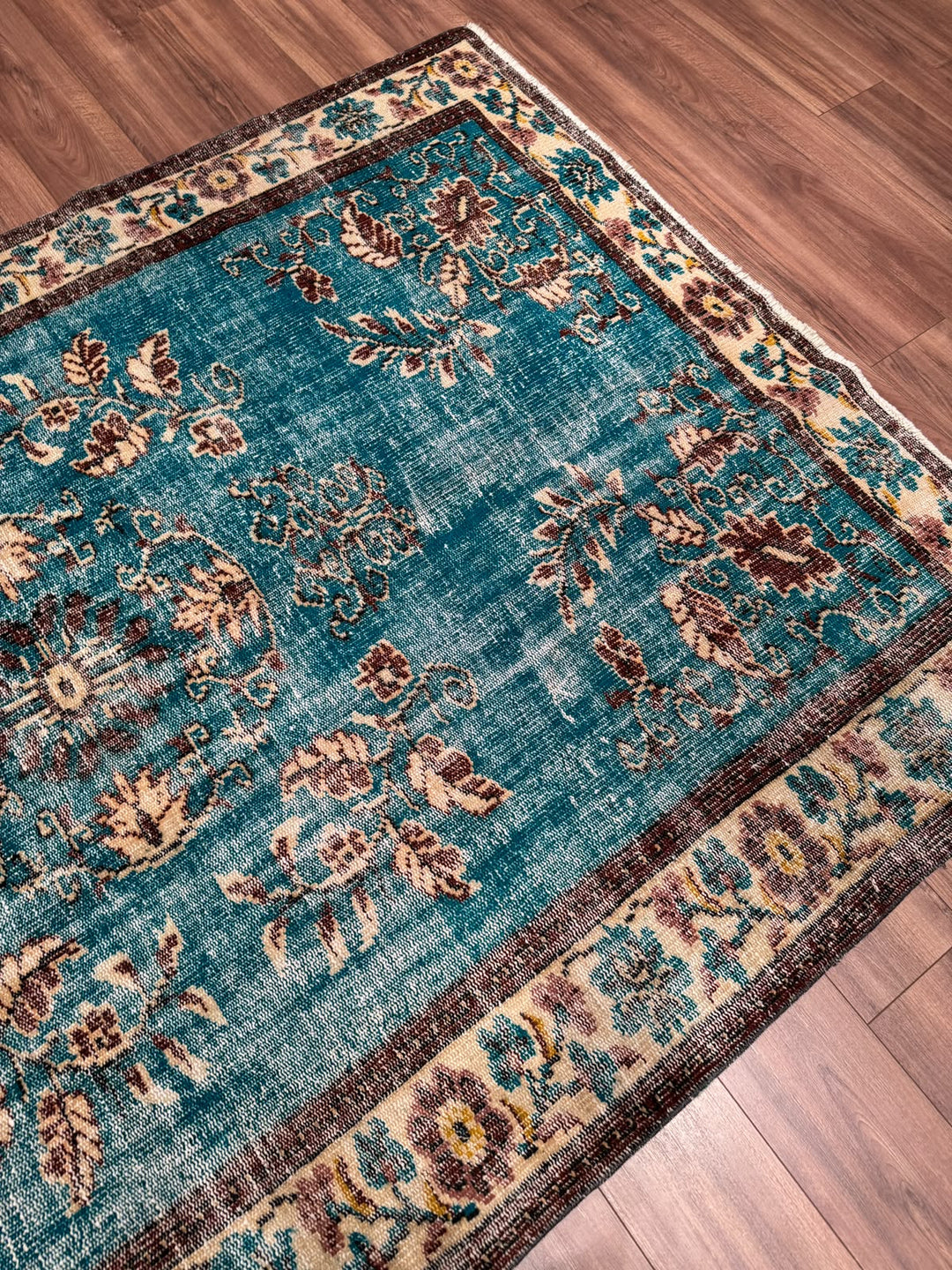 Orijinal Vintage Turkuaz Kök Boya Yün El Dokuma Halı 186x268 4.98 Metrekare - 6x8 ft
