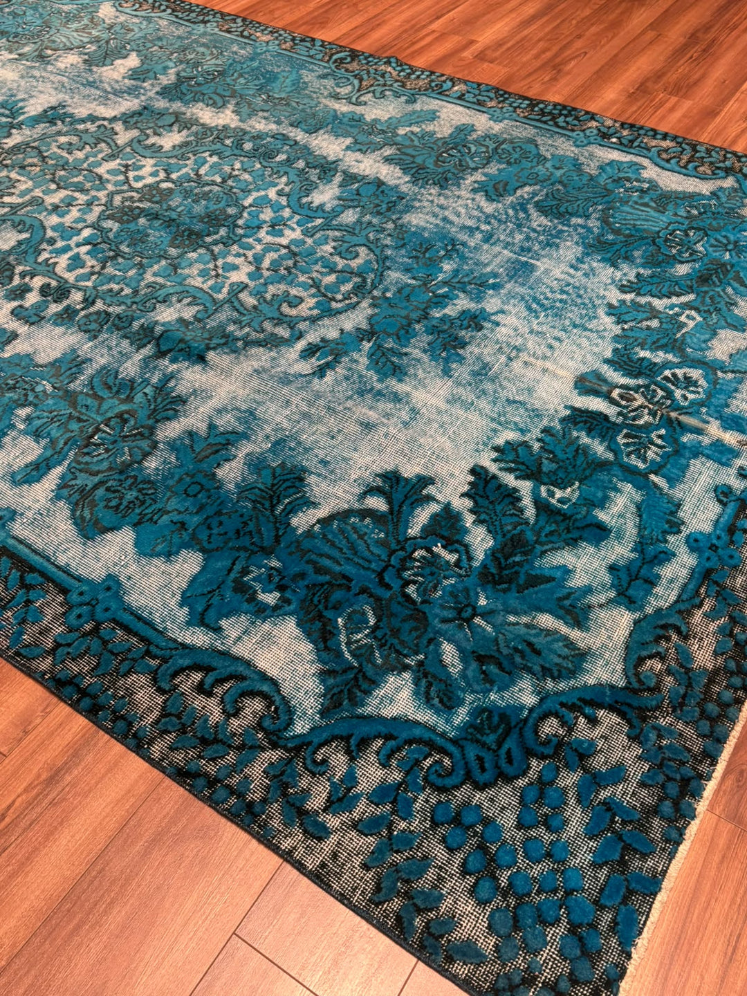 Orijinal Vintage Turkuaz Kök Boya Yün El Dokuma Halı 203x308 6.25 Metrekare - 7x10 ft