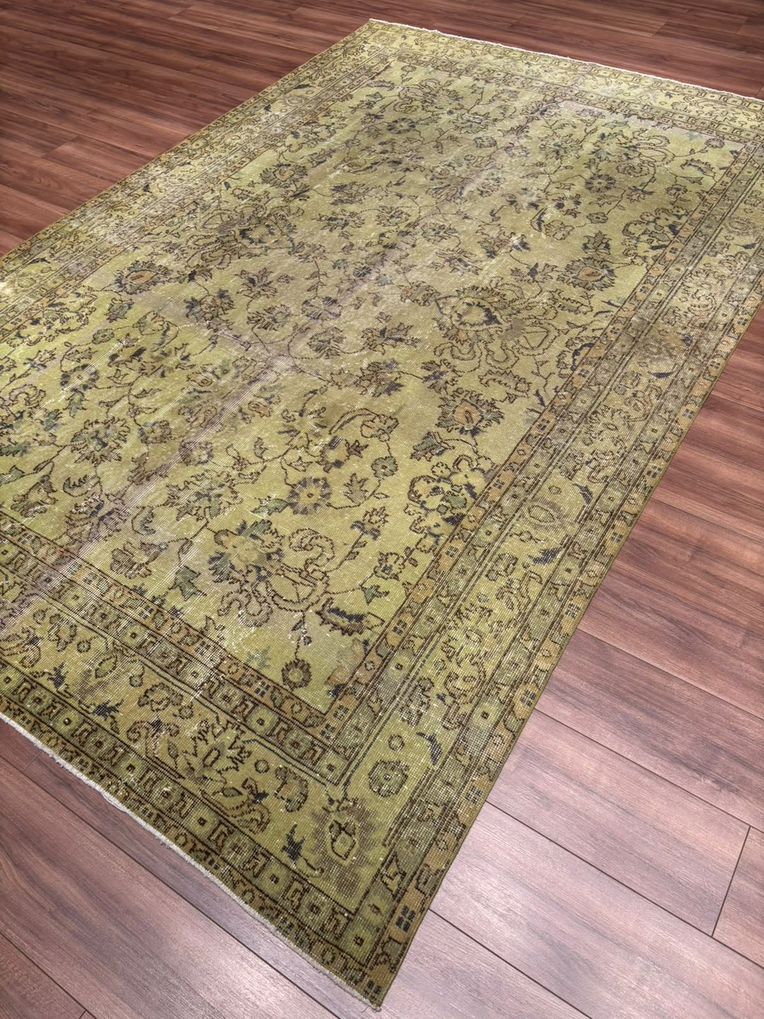 Orijinal Vintage Yeşil Kök Boya Yün El Dokuma Halı 202x305 6.16 Metrekare - 7x10 ft