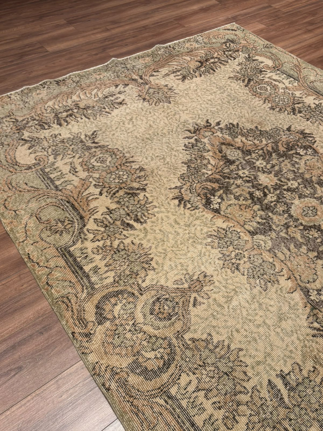 Orijinal Vintage Bej Kök Boya Yün El Dokuma Halı 196x302 5.92 Metrekare - 7x10 ft