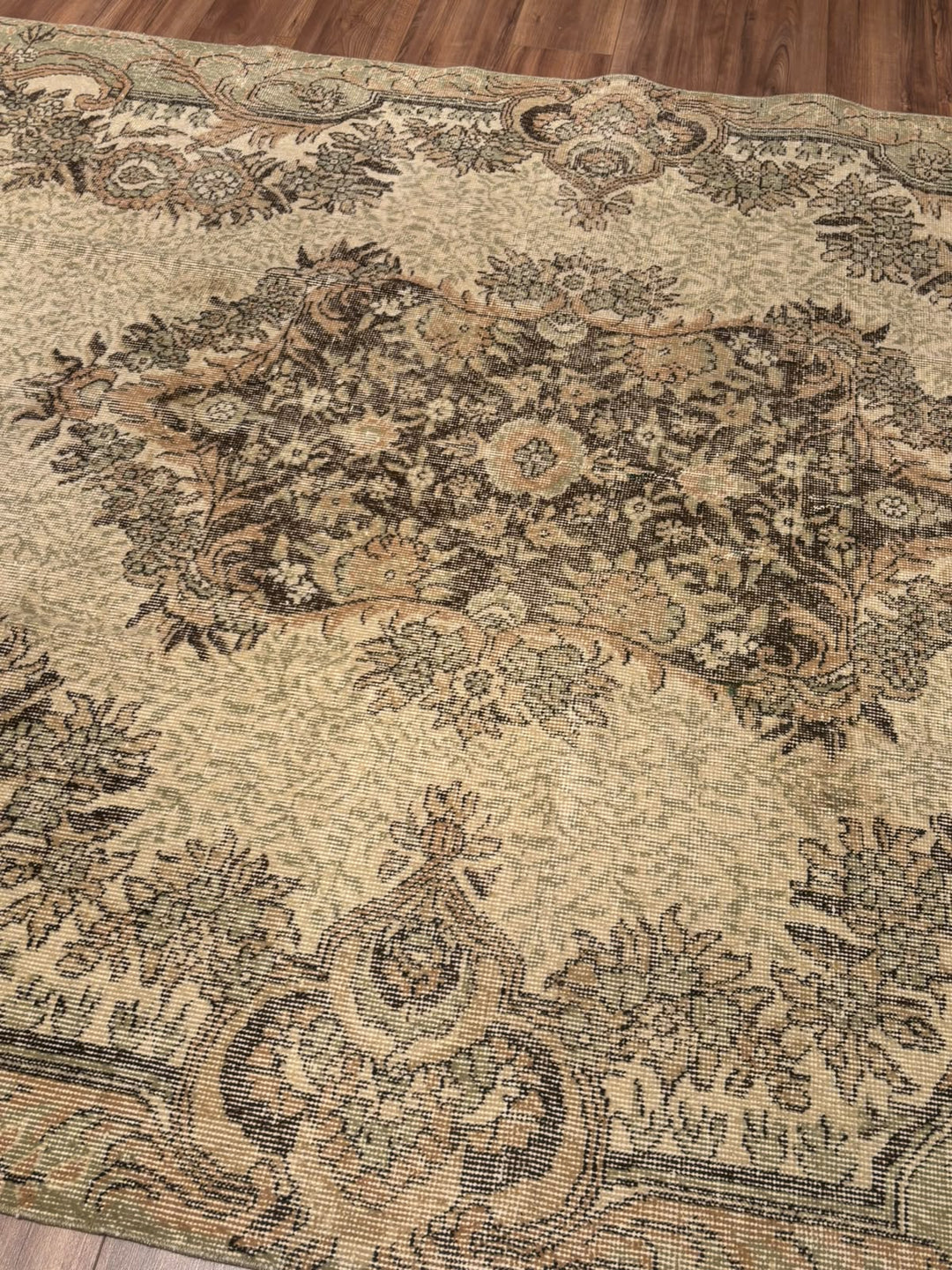 Orijinal Vintage Bej Kök Boya Yün El Dokuma Halı 196x302 5.92 Metrekare - 7x10 ft