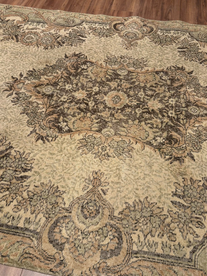 Orijinal Vintage Bej Kök Boya Yün El Dokuma Halı 196x302 5.92 Metrekare - 7x10 ft