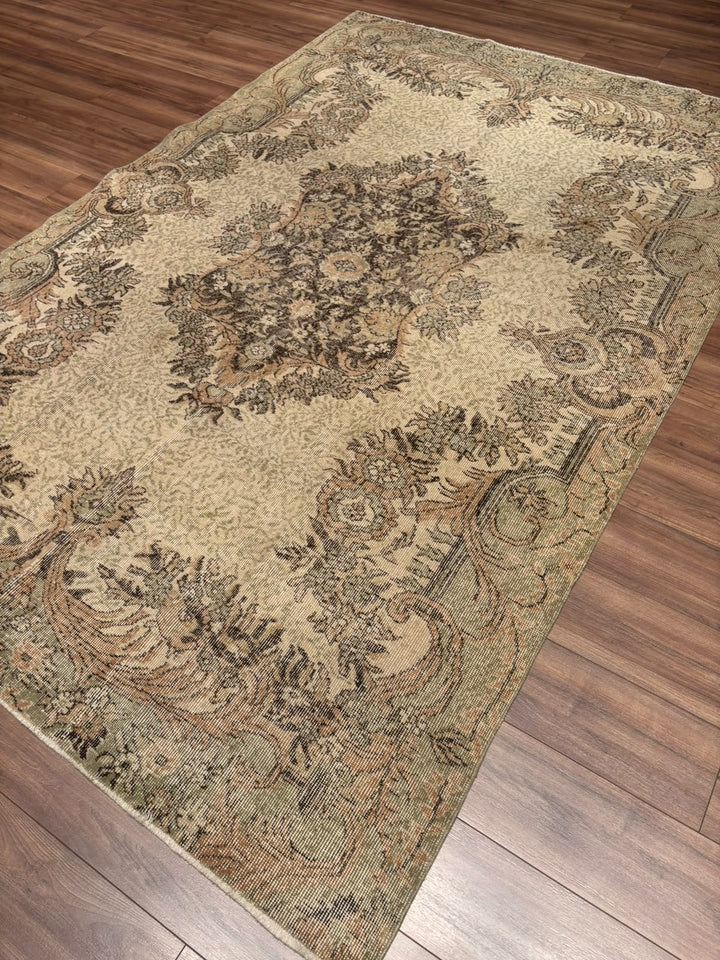 Orijinal Vintage Bej Kök Boya Yün El Dokuma Halı 196x302 5.92 Metrekare - 7x10 ft