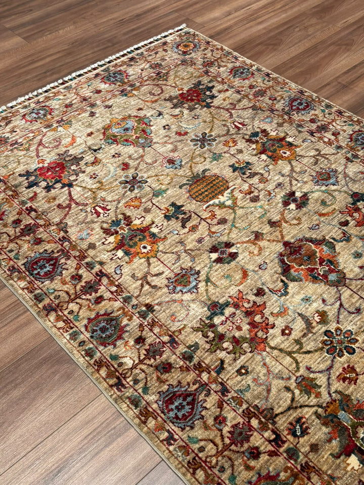 Sultani Binbirgece Orijinal El Dokuması Bej Kök Boya Yün Halı 120x179 2.15 Metrekare - 4x6 ft